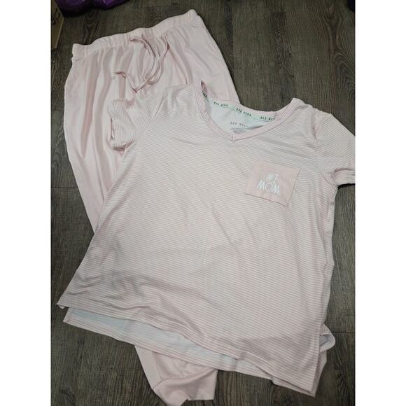 Rae Dunn #1 Mom Size Large Pajamas Pajama Set Light Pink Stripe Tshirt Pants - Picture 1 of 4
